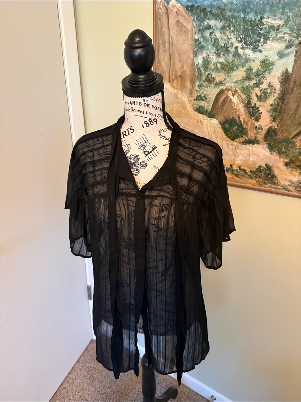 Piano Sheer Black Tie-Neck Blouse - Women XL